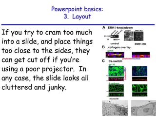Powerpoint basics:
3. Layout
If you try to cram too much
into a slide, and place things
too close to the sides, they
can get cut off if you’re
using a poor projector. In
any case, the slide looks all
cluttered and junky.
 