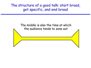 The structure of a good talk: start broad,
get specific, and end broad
The middle is also the time at which
the audience tends to zone out
 