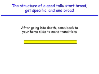 The structure of a good talk: start broad,
get specific, and end broad
After going into depth, come back to
your home slide to make transitions
 