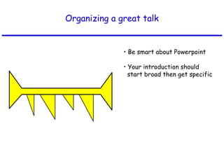 Organizing a great talk
• Be smart about Powerpoint
• Your introduction should
start broad then get specific
 