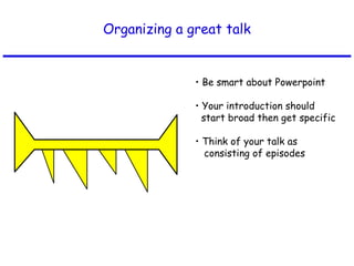 Organizing a great talk
• Be smart about Powerpoint
• Your introduction should
start broad then get specific
• Think of your talk as
consisting of episodes
 