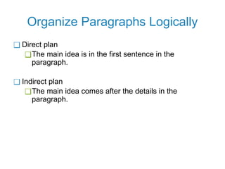 Organize Paragraphs Logically
❑ Direct plan
❑The main idea is in the first sentence in the
paragraph.
❑ Indirect plan
❑The main idea comes after the details in the
paragraph.
 
