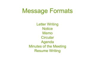 Message Formats
Letter Writing
Notice
Memo
Circular
Agenda
Minutes of the Meeting
Resume Writing
 