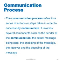 Communication
Process
• The communication process refers to a
series of actions or steps taken in order to
successfully communicate. It involves
several components such as the sender of
the communication, the actual message
being sent, the encoding of the message,
the receiver and the decoding of the
message
Dr Tanu Sharma 66
 