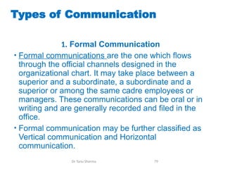 Types of Communication
1. Formal Communication
• Formal communications are the one which flows
through the official channels designed in the
organizational chart. It may take place between a
superior and a subordinate, a subordinate and a
superior or among the same cadre employees or
managers. These communications can be oral or in
writing and are generally recorded and filed in the
office.
• Formal communication may be further classified as
Vertical communication and Horizontal
communication.
Dr Tanu Sharma 79
 