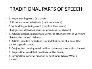 TRADITIONAL PARTS OF SPEECH
• 1. Noun: naming word (a chance)
• 2. Pronoun: noun substitute (their last chance)
• 3. Verb: doing or being word (they lost the chance)
• 4. Adjective: describes nouns or pronouns (fat chance)
• 5. Adverb: describes adjectives, verbs, or other adverbs (a very slim
chance; she danced divinely)
• 6. Article: specifies definiteness or indefiniteness of a noun (the
dance; a good chance)
• 7. Conjunction: joining word (a slim chance and a very slim chance)
• 8. Preposition: word that positions (at the dance)
• 9. Interjection: conveys emotion or sentiment (Wow! What a
dance!)
 