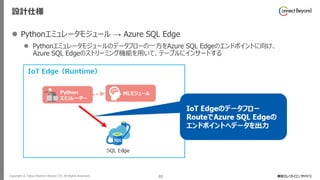 Copyright © Tokyo Electron Device LTD. All Rights Reserved. 22
設計仕様
⚫ Pythonエミュレータモジュール → Azure SQL Edge
⚫ Pythonエミュレータモジュールのデータフローの一方をAzure SQL Edgeのエンドポイントに向け、
Azure SQL Edgeのストリーミング機能を用いて、テーブルにインサートする
 