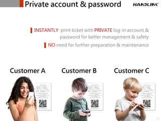 Private account & password
▌INSTANTLY print ticket with PRIVATE log-in account &
password for better management & safety
▌...