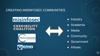 CREATING MISINFOSEC COMMUNITIES
● Industry
● Academia
● Media
● Community
● Government
● Infosec
12
 
