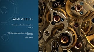 WHATWE BUILT
All warfare is based on deception.
- SunTzu
All cyberspace operations are based on
inﬂuence.
- Pablo Breuer
14
 