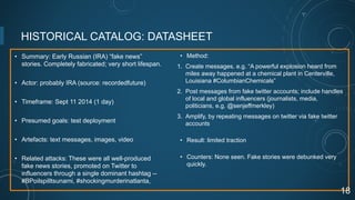 HISTORICAL CATALOG: DATASHEET
• Summary: Early Russian (IRA) “fake news”
stories. Completely fabricated; very short lifespan.
• Actor: probably IRA (source: recordedfuture)
• Timeframe: Sept 11 2014 (1 day)
• Presumed goals: test deployment
• Artefacts: text messages, images, video
• Related attacks: These were all well-produced
fake news stories, promoted on Twitter to
influencers through a single dominant hashtag --
#BPoilspilltsunami, #shockingmurderinatlanta,
• Method:
1. Create messages. e.g. “A powerful explosion heard from
miles away happened at a chemical plant in Centerville,
Louisiana #ColumbianChemicals”
2. Post messages from fake twitter accounts; include handles
of local and global influencers (journalists, media,
politicians, e.g. @senjeffmerkley)
3. Amplify, by repeating messages on twitter via fake twitter
accounts
• Result: limited traction
• Counters: None seen. Fake stories were debunked very
quickly.
18
 