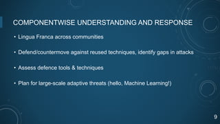 COMPONENTWISE UNDERSTANDING AND RESPONSE
• Lingua Franca across communities
• Defend/countermove against reused techniques, identify gaps in attacks
• Assess defence tools & techniques
• Plan for large-scale adaptive threats (hello, Machine Learning!)
9
 
