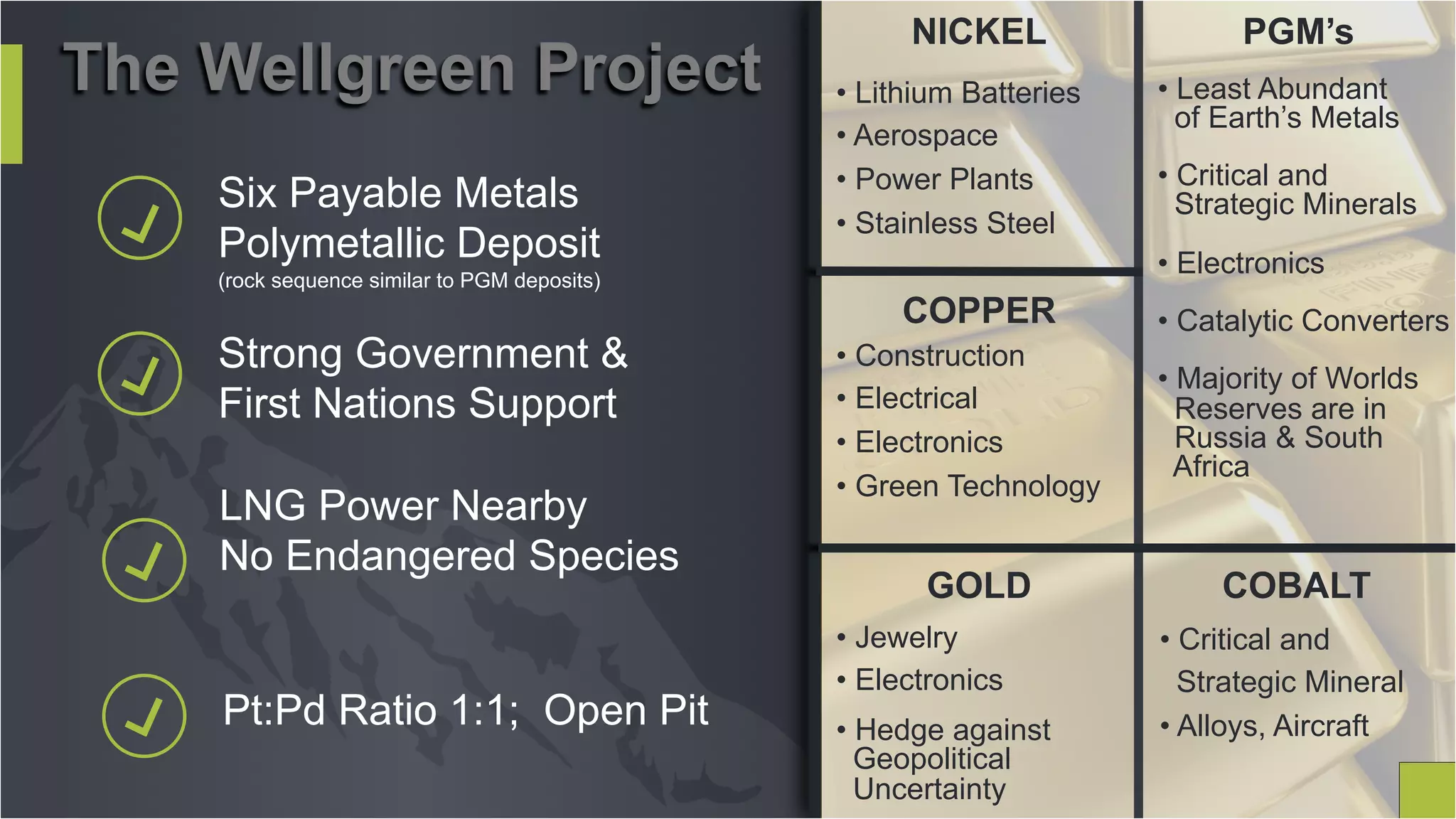 …
…
LNG Power Nearby
No Endangered Species
The Wellgreen Project
…
Strong Government &
First Nations Support
…
Six Payable Metals
Polymetallic Deposit
(rock sequence similar to PGM deposits)
NICKEL PGM’s
COPPER
GOLD COBALT
• Lithium Batteries
• Aerospace
• Power Plants
• Stainless Steel
• Construction
• Electrical
• Electronics
• Green Technology
• Jewelry
• Electronics
• Hedge against
Geopolitical
Uncertainty
• Least Abundant
of Earth’s Metals
• Critical and
Strategic Minerals
• Electronics
• Catalytic Converters
• Majority of Worlds
Reserves are in
Russia & South
Africa
• Critical and
Strategic Mineral
• Alloys, AircraftPt:Pd Ratio 1:1; Open Pit
 