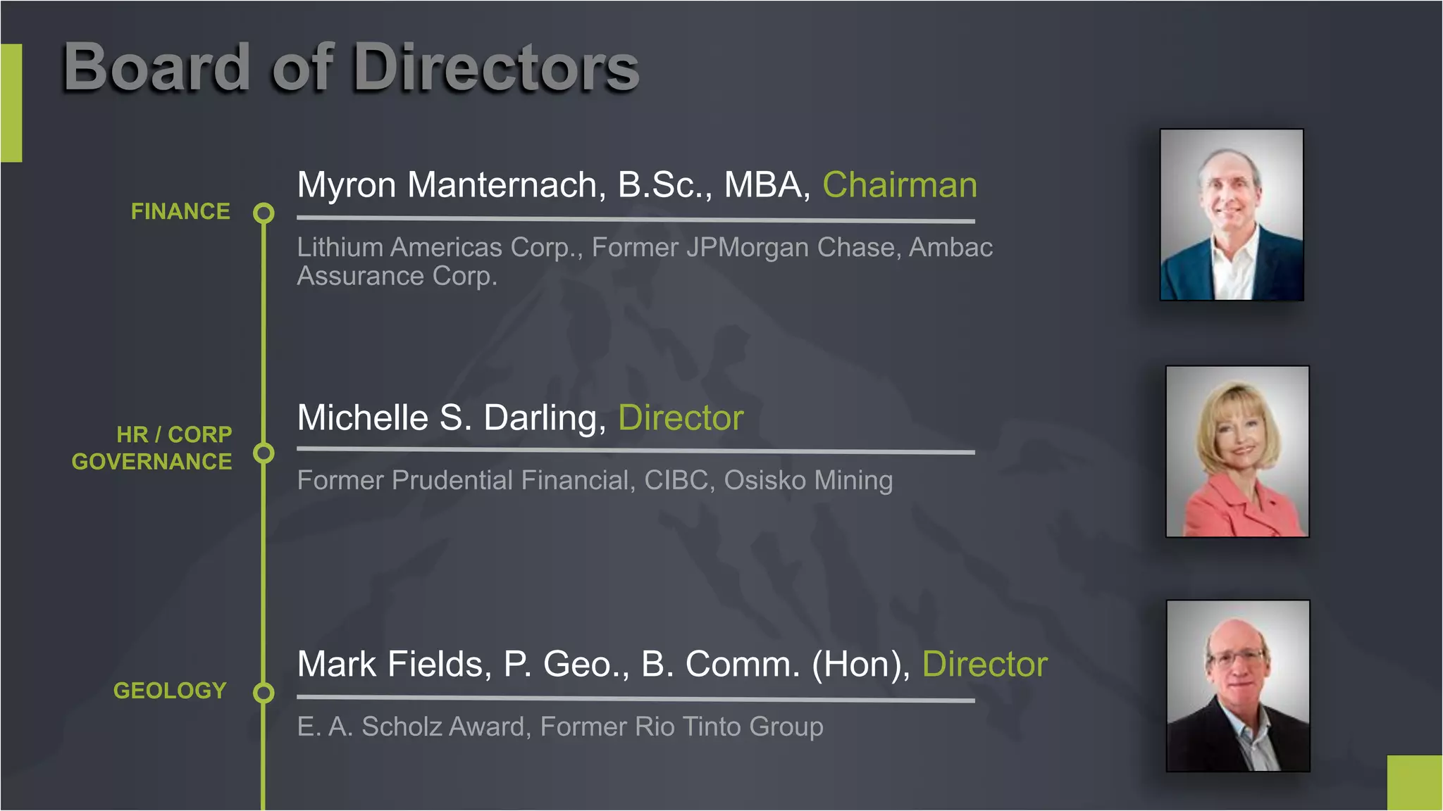 HR / CORP
GOVERNANCE
Myron Manternach, B.Sc., MBA, Chairman
Lithium Americas Corp., Former JPMorgan Chase, Ambac
Assurance Corp.
FINANCE
Michelle S. Darling, Director
Former Prudential Financial, CIBC, Osisko Mining
GEOLOGY
Mark Fields, P. Geo., B. Comm. (Hon), Director
E. A. Scholz Award, Former Rio Tinto Group
Board of Directors
 