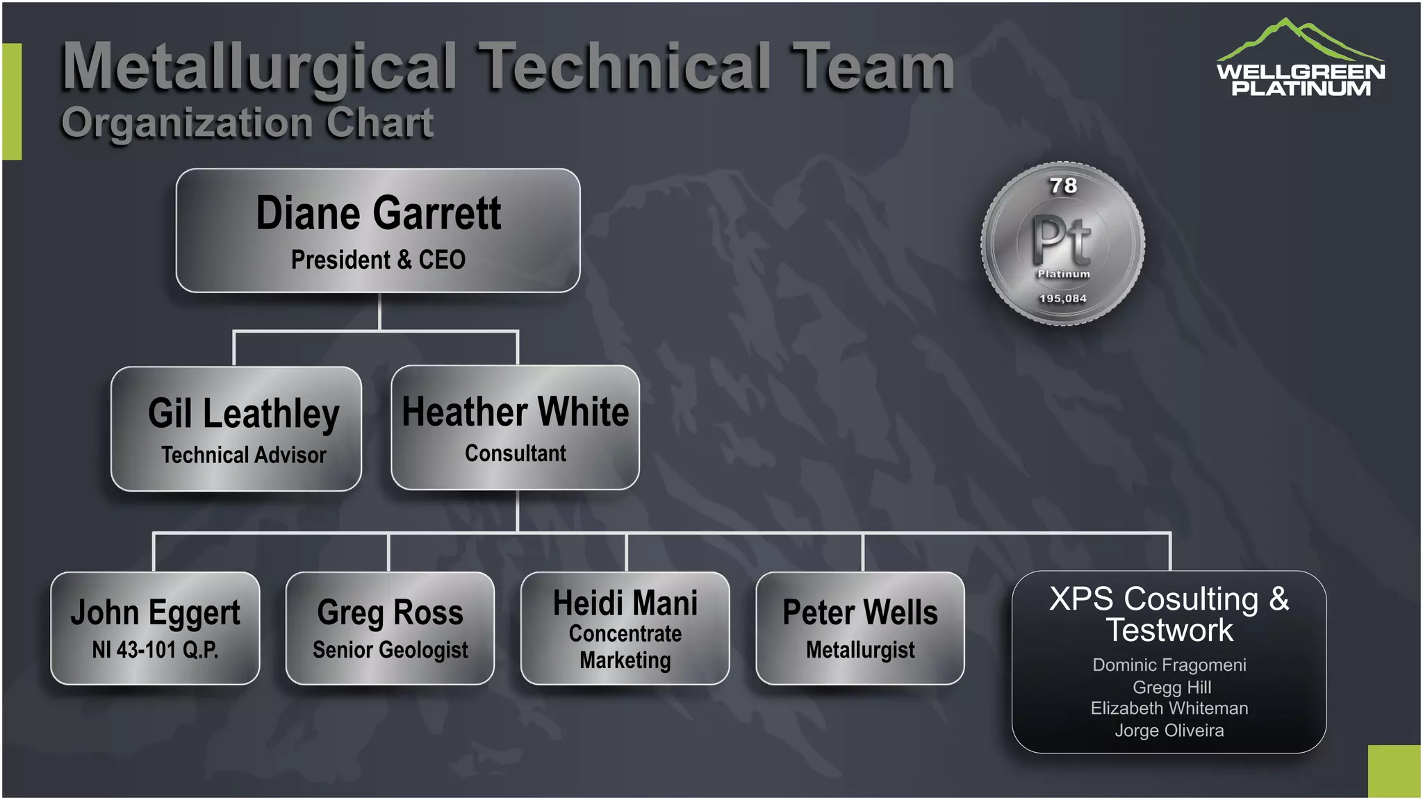 XPS Cosulting &
Testwork
Dominic Fragomeni
Gregg Hill
Elizabeth Whiteman
Jorge Oliveira
Metallurgical Technical Team
Organization Chart
Diane Garrett
President & CEO
Gil Leathley
Technical Advisor
Heather White
Consultant
John Eggert
NI 43-101 Q.P.
Greg Ross
Senior Geologist
Heidi Mani
Concentrate
Marketing
Peter Wells
Metallurgist
 