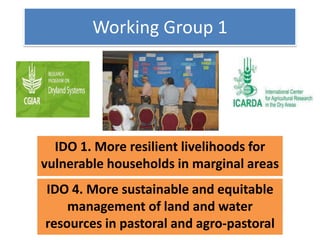 Working Group 1
IDO 1. More resilient livelihoods for
vulnerable households in marginal areas
IDO 4. More sustainable and equitable
management of land and water
resources in pastoral and agro-pastoral
 
