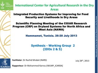 InternationalCenterforAgriculturalResearchintheDryAreas
Integrated Production Systems for Improving for Food
Security and Livelihoods in Dry Areas
Scientific Planning Meeting of the CGIAR Research
Program (CRP) on Dryland Systems for North Africa and
West Asia (NAWA)
Hammamet, Tunisia. 26-28 July 2013
July 28th, 2013
International Center for Agricultural Research in the Dry
Areas
Synthesis - Working Group 2
(IDOs 2 & 5)
Facilitator: Dr Rachid Mrabet (NARS)
Rapporteur: Dr Mohammed Karrou (IWLMP_ICARDA)
 