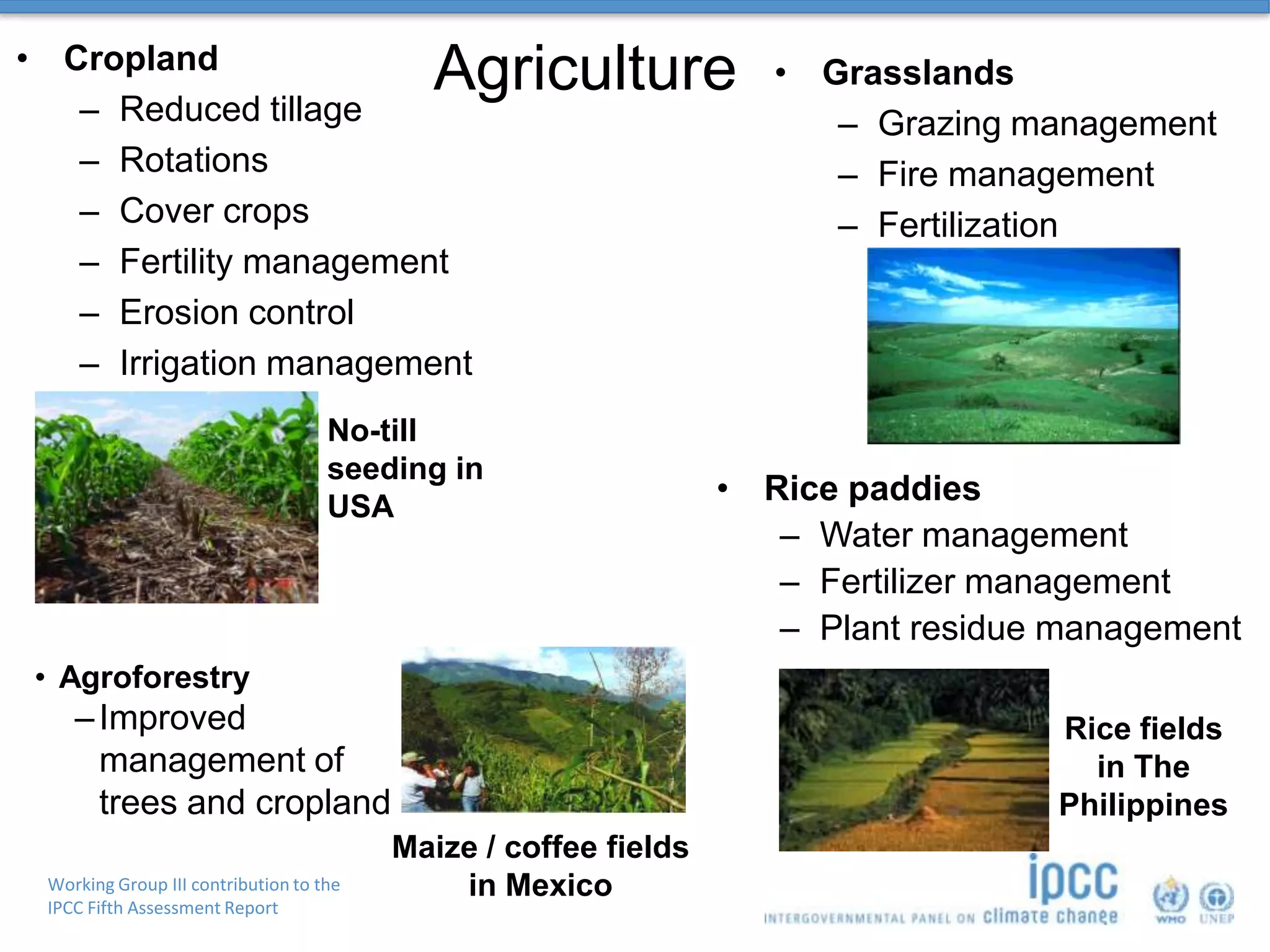 Working Group III contribution to the
IPCC Fifth Assessment Report
Agriculture• Cropland
– Reduced tillage
– Rotations
– Cover crops
– Fertility management
– Erosion control
– Irrigation management
• Rice paddies
– Water management
– Fertilizer management
– Plant residue management
No-till
seeding in
USA
Rice fields
in The
Philippines
Maize / coffee fields
in Mexico
• Agroforestry
–Improved
management of
trees and cropland
• Grasslands
– Grazing management
– Fire management
– Fertilization
 