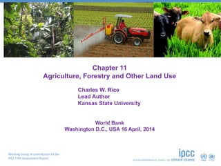 Working Group III contribution to the
IPCC Fifth Assessment Report
Chapter 11
Agriculture, Forestry and Other Land Use
World Bank
Washington D.C., USA 16 April, 2014
Charles W. Rice
Lead Author
Kansas State University
 