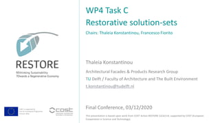 COST is supported by
The EU Framework Programme
Horizon 2020
This presentation is based upon work from COST Action RESTORE CA16114, supported by COST (European
Cooperation in Science and Technology).
Thaleia Konstantinou
Chairs: Thaleia Konstantinou, Francesco Fiorito
WP4 Task C
Restorative solution-sets
Final Conference, 03/12/2020
Architectural Facades & Products Research Group
TU Delft / Faculty of Architecture and The Built Environment
t.konstantinou@tudelft.nl
 