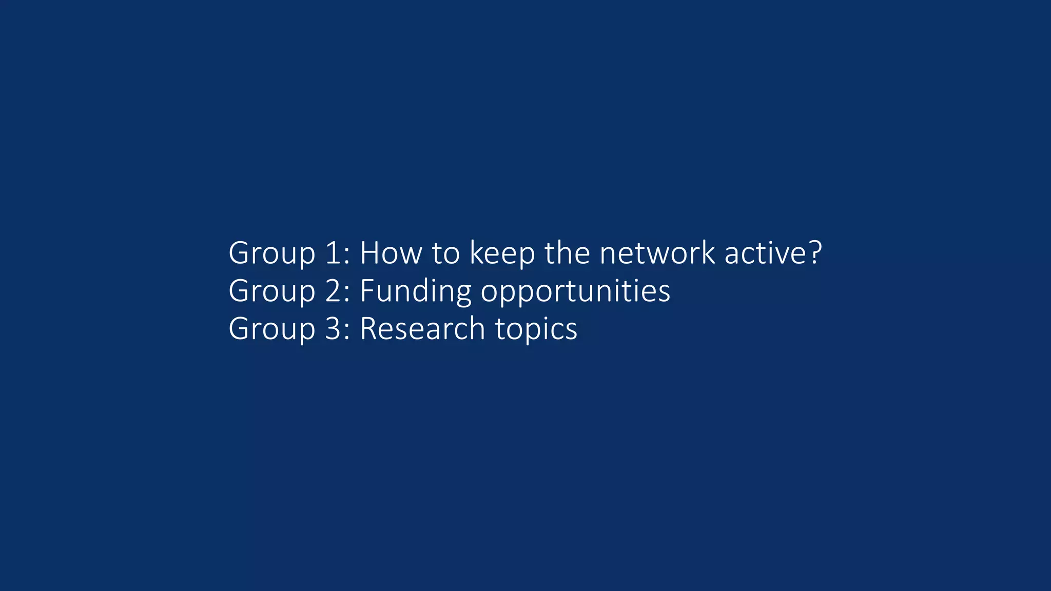 Group 1: How to keep the network active?
Group 2: Funding opportunities
Group 3: Research topics
 