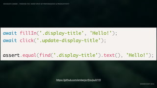 IDIOMATIC EMBER – FINDING THE SWEET SPOT OF PERFORMANCE & PRODUCTIVITY
EMBERCONF 2016
await fillIn('.display-title', 'Hello!');
await click('.update-display-title');
assert.equal(find('.display-title').text(), 'Hello!');
https://github.com/emberjs/rfcs/pull/119
 