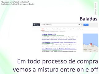 Em todo processo de compra
vemos a mistura entre on e off
*Busca pelo termo “balada em fortaleza”,
localizado em Fortaleza-CE sem logon no Google
Baladas
 