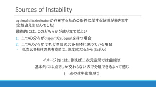 Sources	of	Instability
optimal	discriminatorが存在するための条件に関する証明が続きます
(全然追えませんでした)
最終的には、このどちらかが成り立てばよい
1. 二つの分布がdisjointなsupportを持つ場合
2. 二つの分布がそれぞれ低次元多様体に乗っている場合
◦ 低次元多様体の共有空間は、測度0になるから (たぶん）
イメージ的には、例えば二次元空間では曲線は
基本的には点でしか交わらないので分離できるよって感じ
(一点の確率密度は0)	
 