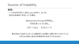 Sources	of	Instability
結局!
• 二つの分布が互いに素なsupportを持つ、もしくは
• 低次元多様体に存在している場合、
Optimal	discriminatorが存在し、
そのとき	x ∈ 𝑋に対し、
𝐽𝑆𝐷 = log 2	, 			𝛻3 𝐷 𝑥 = 0
要は自由にD決めてよかったら最終的には完璧に分離できちゃうぜってこと
つまりJSD自体に低次元多様体同士を近づける力はない
 