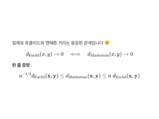 일례로유클리드와맨해튼거리는동등한관계입니다
d (x, y) → 0 ⟺ d (x, y) → 0
한줄증명:
n d (x, y) ≤ d (x, y) ≤ n d (x, y)
Euclid Manhattan
−1/2
Euclid Manhattan Euclid
 