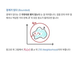 경계가 있다(Bounded)
경계가 있다는건 무한대로뻗지않는다는걸 의미합니다. 집합안의아무점
에서나적당한거리안에X 의모든원소가 들어오면됩니다
참고로위그림에서N (x) 를x 의근방(Neighborhood)이라부릅니다δ
 