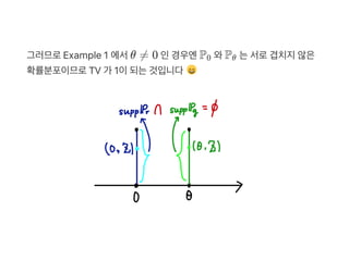 그러므로Example 1 에서θ ≠ 0 인경우엔P 와P 는서로겹치지않은
확률분포이므로TV 가 1이되는것입니다
0 θ
 