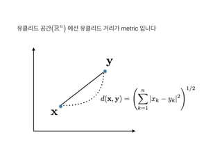 유클리드공간(R ) 에선유클리드거리가 metric 입니다n
 