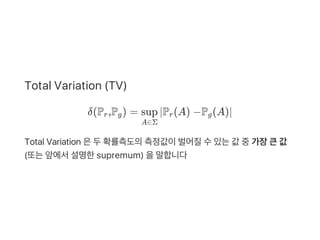 Total Variation (TV)
δ(P ,P ) = ∣P (A) −P (A)∣
Total Variation 은두확률측도의측정값이벌어질수있는값 중가장큰값
(또는앞에서설명한supremum) 을말합니다
r g
A∈Σ
s...