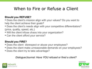 When to Fire or Refuse a Client Should you REFUSE?  Does the client’s mission align with your values? Do you want to help the client achieve their goals? Does the client’s needs align with your competitive differentiators? (price, quality, speed, etc.) Will the client infuse chaos into your organization? Can the client afford your service? Should you FIRE? Does the client  disrespect or abuse your employees? Does the client make unreasonable demands on your employees? Does the client try to take advantage?  Dialogue/Journal: Have YOU refused or fired a client? 
