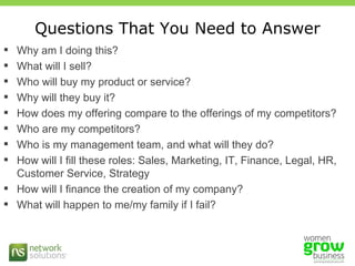 Questions That You Need to Answer Why am I doing this? What will I sell? Who will buy my product or service? Why will they buy it? How does my offering compare to the offerings of my competitors? Who are my competitors? Who is my management team, and what will they do? How will I fill these roles: Sales, Marketing, IT, Finance, Legal, HR, Customer Service, Strategy How will I finance the creation of my company? What will happen to me/my family if I fail? 