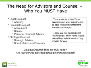 The Need for Advisors and Counsel –  Who You MUST Have Legal Counsel Attorney Financial Counsel Accountant Banker Personal Financial Advisor Strategic Counsel Strategic Advisor  Board of Advisors/Directors Dialogue/Journal: Who do YOU need?  Are your service providers strategic or transactional? Your advisors should have experience in your industry and be able to facilitate important introductions for you.  These are not transactional relationships. Their value should extend beyond the service they provide for you.  