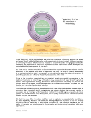 OPPORTUNITIES FOR INNOVATION IN PHILANTHROPY
INTENTIONAL INNOVATION 35
These opportunity spaces for innovation are not about the specific innovations within social issues
and areas. We will not be highlighting the best new approach for improving early childhood education
or addressing the issues of homelessness. Instead, we concentrate on the emerging opportunities for
developing new approaches to the practice of philanthropy itself: the business models, strategies, and
processes that foundations use to do their work.
For each area of potential innovation, we document several experiments that other funders are now
attempting, to give a sense of the array of possibilities that exist. The range of cases is not intended
to be comprehensive (nor could it ever actually be comprehensive, given the scale and dynamism of
philanthropy), but to give a flavor of the activity now occurring in the field.
Some of the innovations described here are relatively small—incremental improvements to the
traditional mechanics of philanthropy—while others may represent much larger breakthroughs to a
funder’s entire organizational strategy. And many of the innovations are not entirely new. Several are
modern twists on old ideas. Some have been part of the repertoire of funders for years, but are
drawing new interest and getting wider attention.
The opportunity spaces diagram is not intended to draw clear distinctions between different areas of
innovation. Many innovations don’t fit neatly into just one category. Instead, the schema is intended to
serve as a tool for helping a funder to see their institution from a 360-degree perspective, to notice
patterns and identify areas in need of innovation, and to quickly understand how external innovations
might fit into their own activities.
It is likely that many of the innovations cited here could be replicated or adapted at other foundations.
But more importantly, the cases aim to stimulate thinking and provide inspiration to help you develop
innovations tailored specifically to your unique circumstances. The innovation framework laid out
earlier in this paper can provide guidance for generating and implementing innovations within your
organization.
 