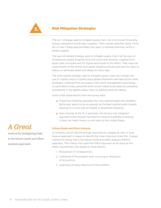 managing risk in the global supply chain14
The No. 1 strategy used to mitigate supply chain risk is to choose financially
strong, competent world-class suppliers. That is easier said than done. Firms
tell us that it takes approximately two years to develop and fully certify a
global supplier.
The second-ranked strategy used to mitigate supply chain risk focuses on
compressing global shipping time and cycle time variation. Leading firms
apply Lean principles and Six Sigma techniques to this effort. They map the
value-stream of the end-to-end global shipping process and look for ways to
reduce or eliminate waste and delays at every step.
The third-ranked strategy used to mitigate supply chain risk involves the
use of visibility tools to closely track global shipments and take action when
necessary. Leading firms use supply chain event management technology
to send alerts to key personnel when action needs to be taken by someone,
somewhere in the global supply chain to address potential delays.
Some other observations from the survey data:
s Predictive modeling, arguably the most sophisticated risk mitigation
technique, seems to be as popular as the least sophisticated (merely
reacting to a crisis with air freight or expedited shipping).
s Near shoring, at No. 8, is well down the list as a risk mitigation
approach. Even though the trend to outsource globally is slowing,
it does not mean there is a rush back to the United States.
Failure Mode and Effect Analysis
A company cannot devote enough resources to mitigate all risks. It must
have an approach in place to identify the most important ones first. A great
method for doing that is the failure mode and effect analysis (FMEA)
approach. The military first used the FMEA approach as far back as the
1940s. It prioritizes risks based on three factors:
1. Seriousness of consequences
2. Likelihood of the problem ever occurring or frequency
of occurrence
3. Likelihood of early detection of the problem.
5.
A Great
method for [mitigating risk]
is the failure mode and effect
analysis approach.
Risk Mitigation Strategies
 