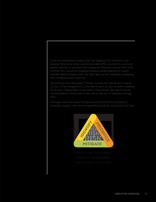 Executive overview 3
Given the magnitude of supply chain risk exposure, this last point is per-
plexing. Particularly, since insurance providers offer solutions to circumvent,
protect against, or ultimately help companies financially recover from many
of these risks. Insurance companies possess a preponderance of readily
available data on supply chain risk. Such data can be invaluable in assessing
and managing supply chain risk.
According to one interviewee, “Frankly, my boss isn’t asking me to look at
it [risk]. It [risk management] is the right thing to do, but we aren’t rewarded
for doing it.” Maybe that’s at the heart of the problem: few executives are
compensated or incentivized in their day-to-day job to rigorously manage
risks.
This paper examines these findings and more. But more importantly, it
proposes a supply chain risk management process for companies of all sizes.
RISK
RISK
RISK
RISK
Prioritize
Prioritize
Identify
Identify
MitigateMitigate
A simple three-step process
to protect your business
against supply chain risks.
 