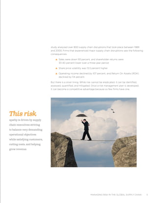 managing risk in the global supply chain 5
This risk
apathy is driven by supply
chain executives striving
to balance very demanding
operational objectives
while satisfying customers,
cutting costs, and helping
grow revenue.
study analyzed over 800 supply chain disruptions that took place between 1989
and 2000. Firms that experienced major supply chain disruptions saw the following
consequences:
s Sales were down 93 percent, and shareholder returns were
33-40 percent lower over a three-year period
s Share price volatility was 13.5 percent higher
s Operating income declined by 107 percent, and Return On Assets (ROA)
declined by 114 percent.
But there is a silver lining. While risk cannot be eradicated, it can be identified,
assessed, quantified, and mitigated. Once a risk management plan is developed,
it can become a competitive advantage because so few firms have one.
 