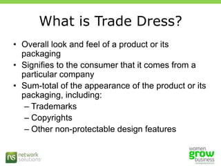 Trade DressWhat is a Trademark?A trademark is a mark, name, word, or symbol used to identify goods and to distinguish them from competitors’ offeringsExample:  COACH® leather goodsA service mark is the same as a trademark, but identifies the origin or sources of servicesExample: DELTA® for air travel services