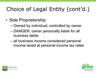 Choice of Legal Entity (cont’d.)Sole Proprietorship Owned by individual; controlled by ownerDANGER: owner personally liable for all business debtsall business income considered personal income taxed at personal income tax rates