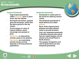 Chapter 2 , Section 2

Grasslands

         Tropical Grasslands                   Temperate Grasslands
         •   Huge tropical grasslands,         •  Grasslands in cooler parts of
             called savannas, grow in warm        the world are called by several
             areas near the equator.              names.
         •   During the wet season, grasses    •  The temperate grasslands in
             grow tall and green, which then      North America are called
             die above ground in the dry          prairies.
             season.                           •  Much of the original prairie
         •   A third season is a time of          grasses have been plowed
             natural wildfires, which             under to provide farmland.
             encourage new grasses to          •  Cool, dry, temperate grasslands
             grow.                                in Northern Eurasia and central
         •   Herbivores, or plant-eating          Asia are called steppes and are
             animals, graze on the grasses.       similar to the Great Plains in
         •   Carnivores, are meat-eating          North America.
             animals whose survival            •  The pampas of Argentina and
             depends on thriving herbivore        veld of South Africa are also
             populations.                         temperate grasslands.
 