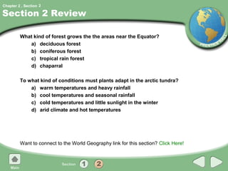 Chapter 2 , Section 2

Section 2 Review

         What kind of forest grows the the areas near the Equator?
            a) deciduous forest
            b) coniferous forest
            c) tropical rain forest
            d) chaparral

         To what kind of conditions must plants adapt in the arctic tundra?
             a) warm temperatures and heavy rainfall
             b) cool temperatures and seasonal rainfall
             c) cold temperatures and little sunlight in the winter
             d) arid climate and hot temperatures




         Want to connect to the World Geography link for this section? Click Here!
 