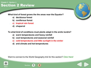 Chapter 2 , Section 2

Section 2 Review

         What kind of forest grows the the areas near the Equator?
            a) deciduous forest
            b) coniferous forest
            c) tropical rain forest
            d) chaparral

         To what kind of conditions must plants adapt in the arctic tundra?
             a) warm temperatures and heavy rainfall
             b) cool temperatures and seasonal rainfall
             c) cold temperatures and little sunlight in the winter
             d) arid climate and hot temperatures




         Want to connect to the World Geography link for this section? Click Here!
 