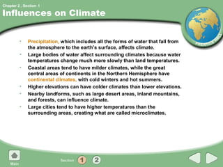 Chapter 2 , Section 1

Influences on Climate


         •    Precipitation, which includes all the forms of water that fall from
              the atmosphere to the earth’s surface, affects climate.
         •    Large bodies of water affect surrounding climates because water
              temperatures change much more slowly than land temperatures.
         •    Coastal areas tend to have milder climates, while the great
              central areas of continents in the Northern Hemisphere have
              continental climates, with cold winters and hot summers.
         •    Higher elevations can have colder climates than lower elevations.
         •    Nearby landforms, such as large desert areas, inland mountains,
              and forests, can influence climate.
         •    Large cities tend to have higher temperatures than the
              surrounding areas, creating what are called microclimates.
 