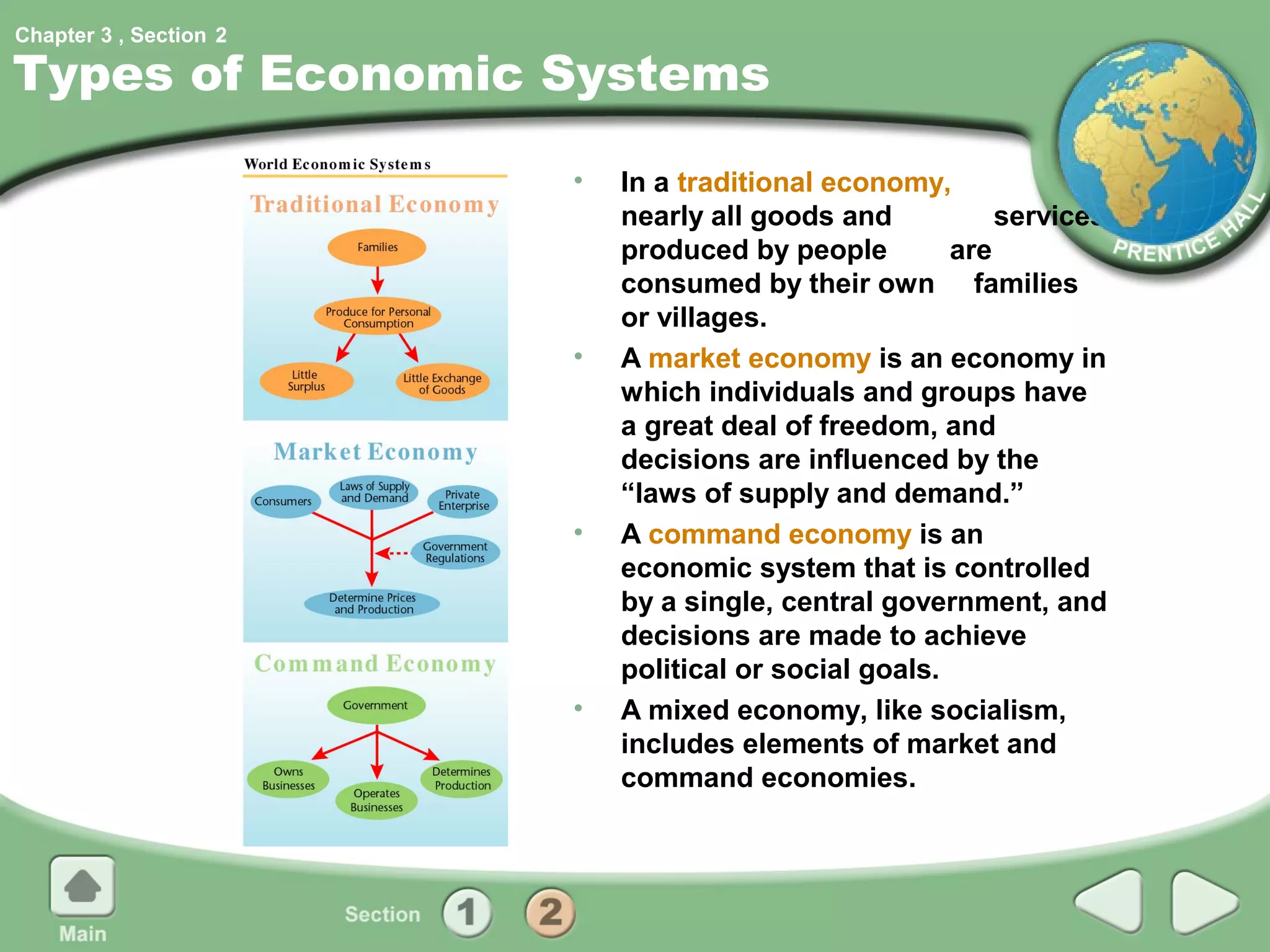 Chapter 3 , Section 2

Types of Economic Systems

                        •   In a traditional economy,
                            nearly all goods and           services
                            produced by people         are
                            consumed by their own families
                            or villages.
                        •   A market economy is an economy in
                            which individuals and groups have
                            a great deal of freedom, and
                            decisions are influenced by the
                            “laws of supply and demand.”
                        •   A command economy is an
                            economic system that is controlled
                            by a single, central government, and
                            decisions are made to achieve
                            political or social goals.
                        •   A mixed economy, like socialism,
                            includes elements of market and
                            command economies.
 