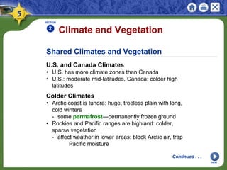 Shared Climates and Vegetation
U.S. and Canada Climates
• U.S. has more climate zones than Canada
• U.S.: moderate mid-latitudes, Canada: colder high
latitudes
Climate and Vegetation
SECTION
2
NEXT
Continued . . .
Colder Climates
• Arctic coast is tundra: huge, treeless plain with long,
cold winters
- some permafrost—permanently frozen ground
• Rockies and Pacific ranges are highland: colder,
sparse vegetation
- affect weather in lower areas: block Arctic air, trap
Pacific moisture
 