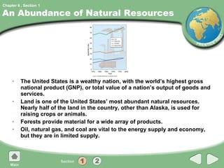 An Abundance of Natural Resources The United States is a wealthy nation, with the world’s highest gross national product (GNP), or total value of a nation’s output of goods and services. Land is one of the United States’ most abundant natural resources. Nearly half of the land in the country, other than Alaska, is used for raising crops or animals. Forests provide material for a wide array of products. Oil, natural gas, and coal are vital to the energy supply and economy, but they are in limited supply. 1 